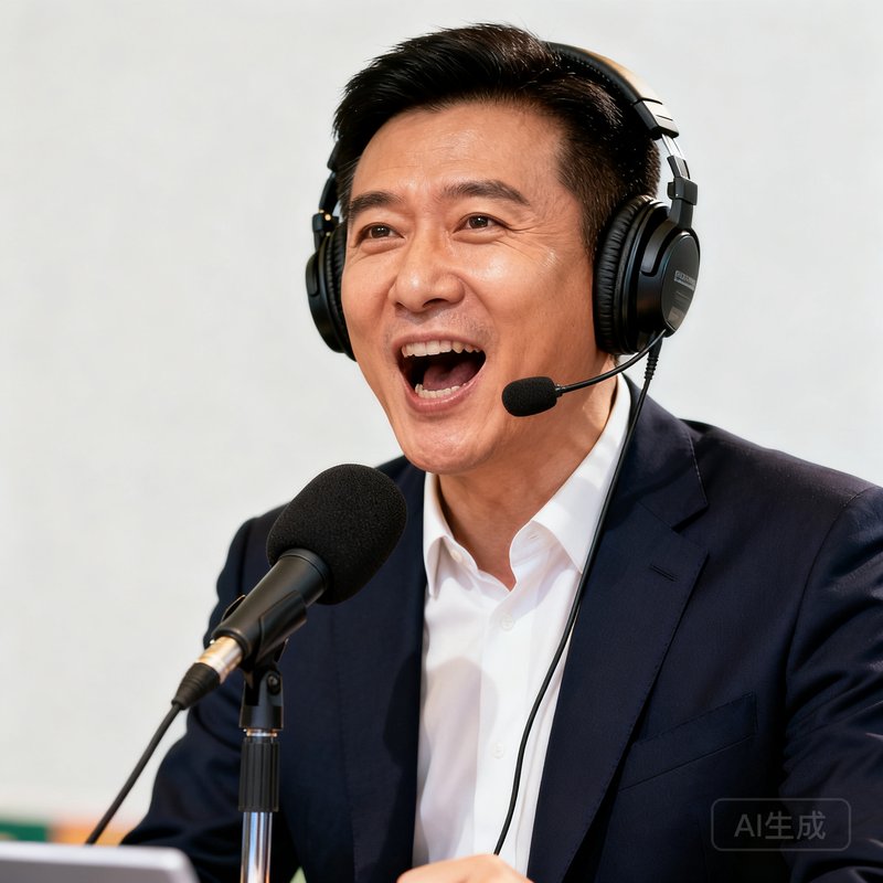 首席解说员王涛的半身肖像照，佩戴耳机面对麦克风，激情解说的瞬间抓拍。